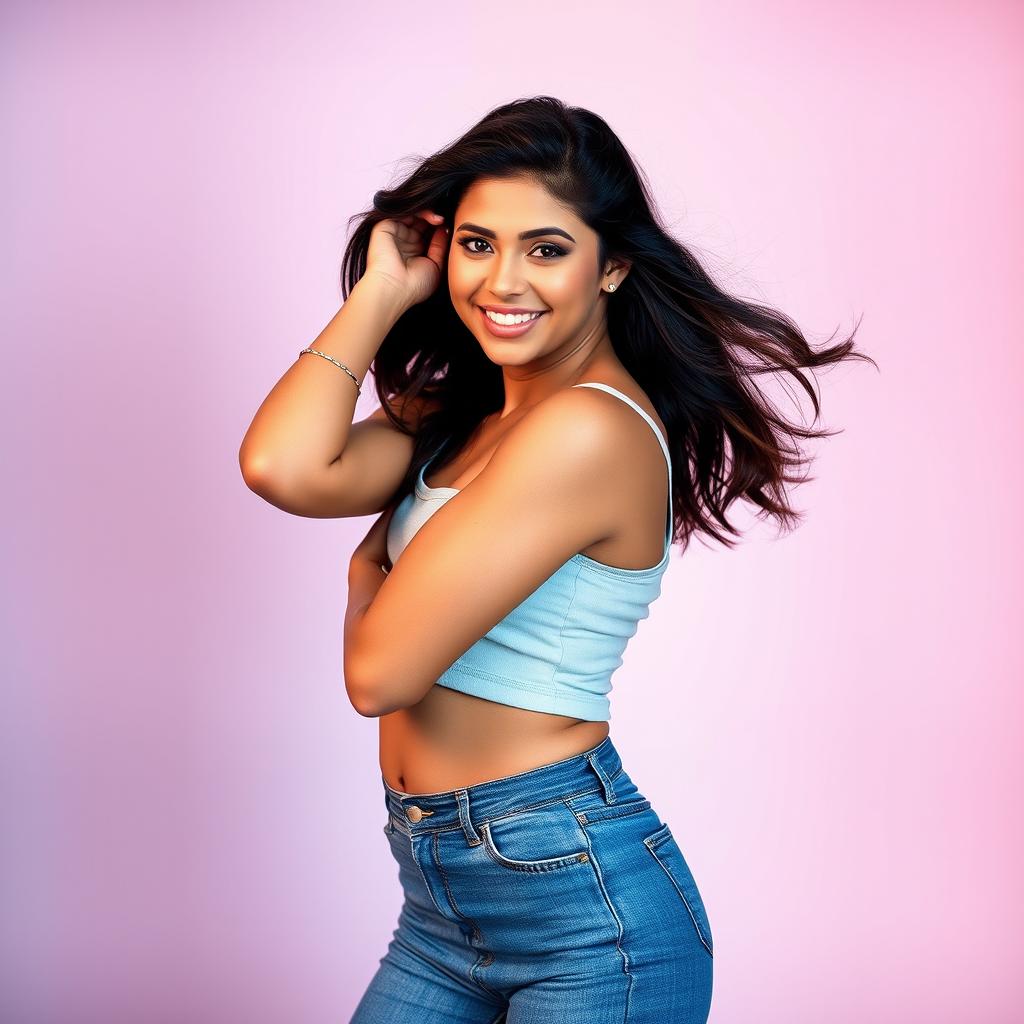 A beautiful Latina woman confidently poses in a stylish crop top tank top that highlights her figure