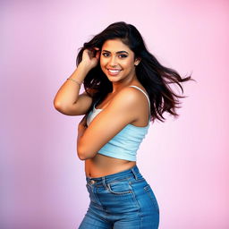 A beautiful Latina woman confidently poses in a stylish crop top tank top that highlights her figure