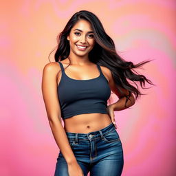 A beautiful Latina woman confidently poses in a stylish crop top tank top that highlights her figure