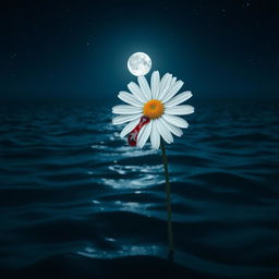 A close-up view of a single white daisy flower delicately balanced with a blood drop perched on one of its petals, surrounded by the serene dark blue ocean waters under a starlit night sky