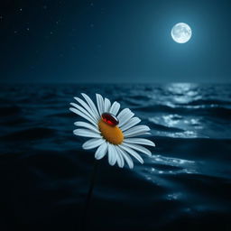 A close-up view of a single white daisy flower delicately balanced with a blood drop perched on one of its petals, surrounded by the serene dark blue ocean waters under a starlit night sky
