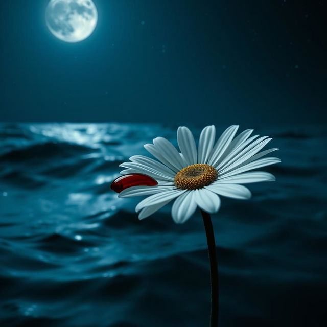 A close-up view of a single white daisy flower delicately balanced with a blood drop perched on one of its petals, surrounded by the serene dark blue ocean waters under a starlit night sky