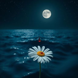 A close-up view of a single white daisy flower delicately balanced with a blood drop perched on one of its petals, surrounded by the serene dark blue ocean waters under a starlit night sky