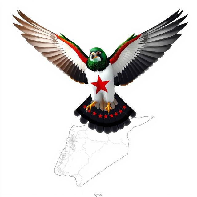 A stunning falcon in mid-flight, wings fully spread, displaying a vibrant color palette: rich green on top, bright white in the middle, and bold black on the bottom