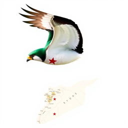 A stunning falcon in mid-flight, wings fully spread, displaying a vibrant color palette: rich green on top, bright white in the middle, and bold black on the bottom
