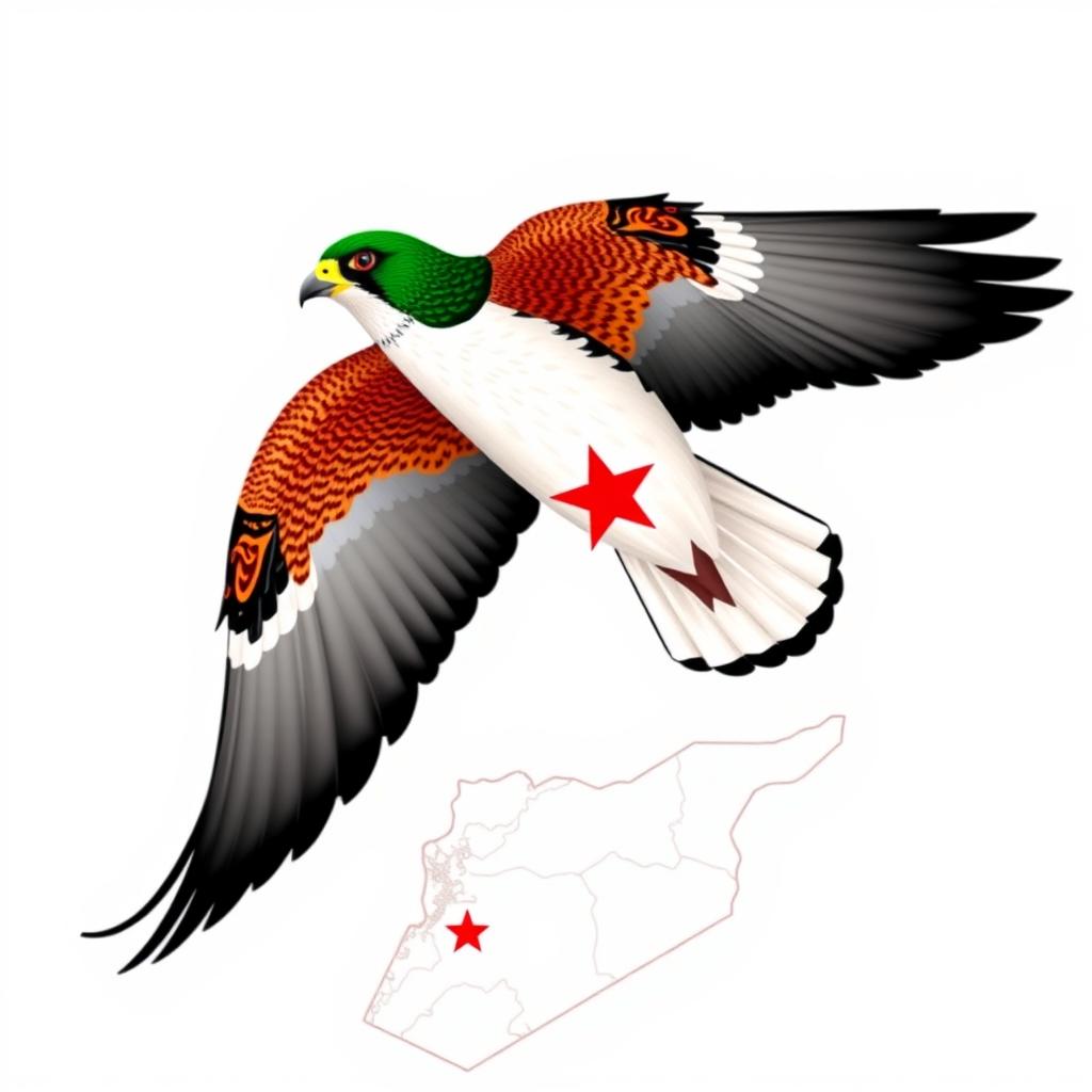 A stunning falcon in mid-flight, wings fully spread, displaying a vibrant color palette: rich green on top, bright white in the middle, and bold black on the bottom