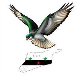 A stunning falcon in mid-flight, wings fully spread, displaying a vibrant color palette: rich green on top, bright white in the middle, and bold black on the bottom