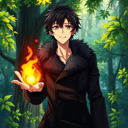 An artwork in anime art style featuring a male character with shaggy black hair and captivating hazel eyes