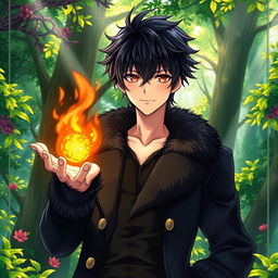 An artwork in anime art style featuring a male character with shaggy black hair and captivating hazel eyes