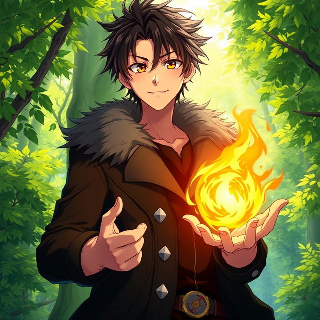 An artwork in anime art style featuring a male character with shaggy black hair and captivating hazel eyes