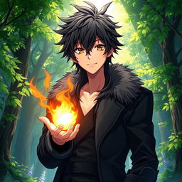 An artwork in anime art style featuring a male character with shaggy black hair and captivating hazel eyes
