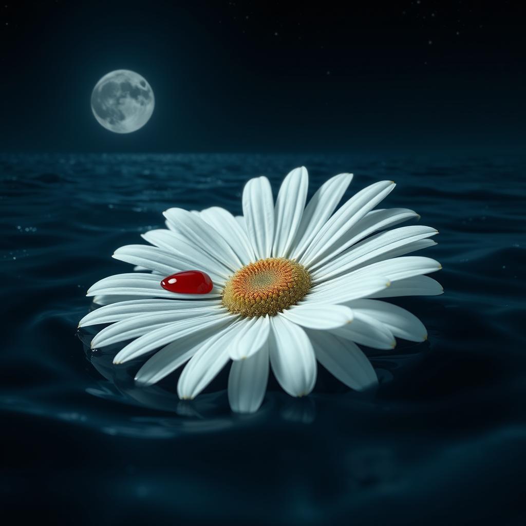 A beautiful white daisy flower, detailed with delicate petals, gently floating on the surface of a dark ocean at night