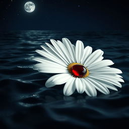 A beautiful white daisy flower, detailed with delicate petals, gently floating on the surface of a dark ocean at night