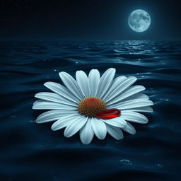 A beautiful white daisy flower, detailed with delicate petals, gently floating on the surface of a dark ocean at night