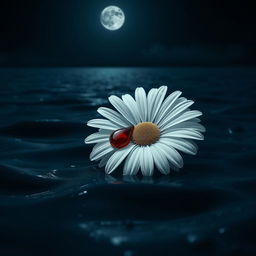 A beautiful white daisy flower, detailed with delicate petals, gently floating on the surface of a dark ocean at night