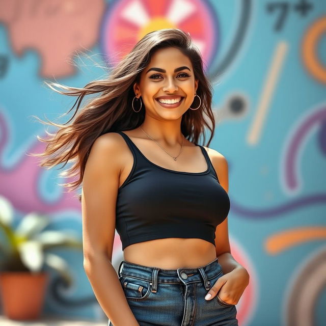 A cheerful Latina woman smiling brightly while wearing a stylish crop top tank top that highlights her figure