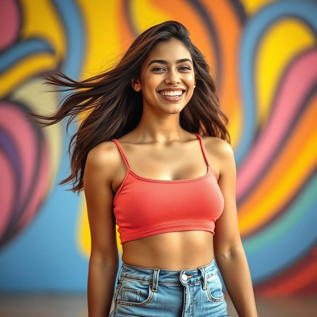 A cheerful Latina woman smiling brightly while wearing a stylish crop top tank top that highlights her figure