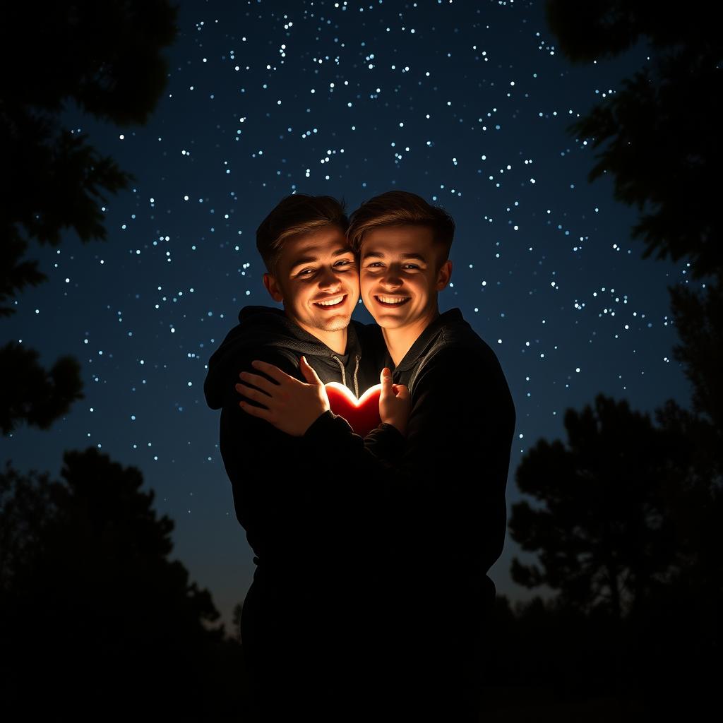 Two intertwining hearts against a captivating night landscape