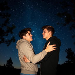Two intertwining hearts against a captivating night landscape