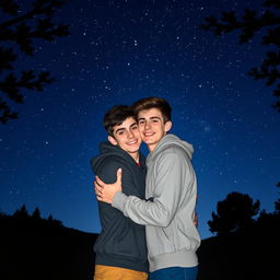 Two intertwining hearts against a captivating night landscape