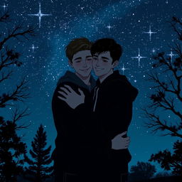 Two intertwining hearts against a captivating night landscape