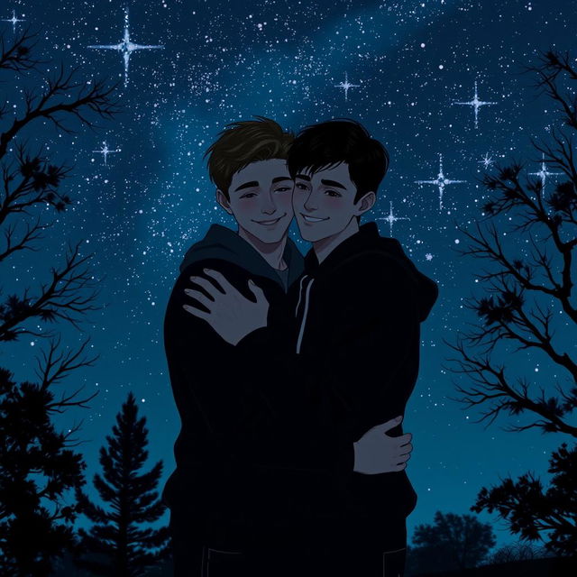 Two intertwining hearts against a captivating night landscape