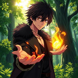 An artwork in anime art style featuring a male character with shaggy black hair and intense hazel eyes, dressed in a sleek black coat with a furred collar