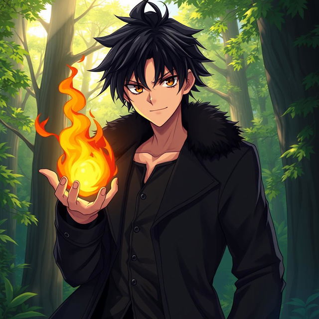 An artwork in anime art style featuring a male character with shaggy black hair and intense hazel eyes, dressed in a sleek black coat with a furred collar