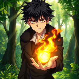An artwork in anime art style featuring a male character with shaggy black hair and intense hazel eyes, dressed in a sleek black coat with a furred collar