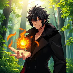 An artwork in anime art style featuring a male character with shaggy black hair and intense hazel eyes, dressed in a sleek black coat with a furred collar