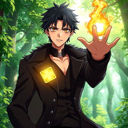 A male character in an anime art style, featuring shaggy black hair and striking hazel eyes