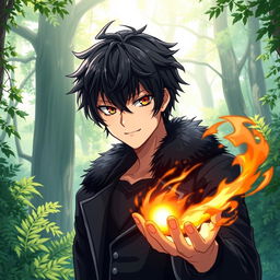 A male character in an anime art style, featuring shaggy black hair and striking hazel eyes