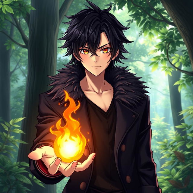 A male character in an anime art style, featuring shaggy black hair and striking hazel eyes