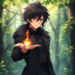 A male character in an anime art style, featuring shaggy black hair and striking hazel eyes