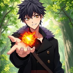 A male character in an anime art style, showcasing shaggy black hair and captivating hazel eyes