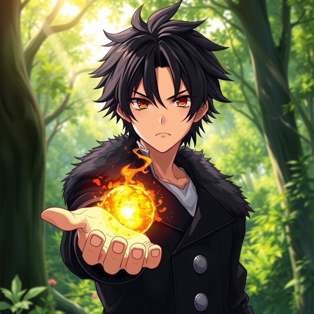 A male character in an anime art style, showcasing shaggy black hair and captivating hazel eyes