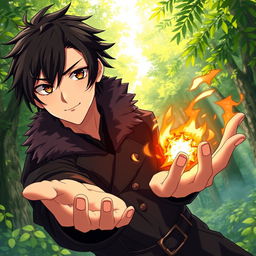 A male character in an anime art style, showcasing shaggy black hair and captivating hazel eyes