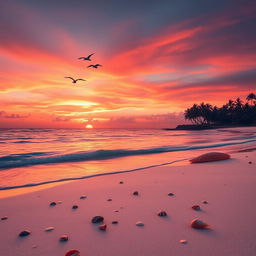 An artistic photo edit of a serene beach at sunset, featuring vibrant hues of orange, pink, and purple in the sky reflecting on calm waters
