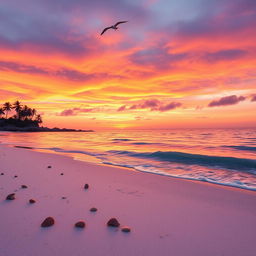 An artistic photo edit of a serene beach at sunset, featuring vibrant hues of orange, pink, and purple in the sky reflecting on calm waters