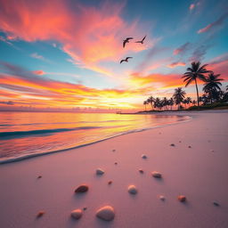 An artistic photo edit of a serene beach at sunset, featuring vibrant hues of orange, pink, and purple in the sky reflecting on calm waters