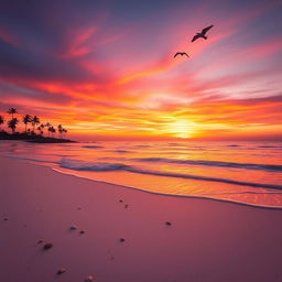 An artistic photo edit of a serene beach at sunset, featuring vibrant hues of orange, pink, and purple in the sky reflecting on calm waters