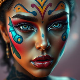 A highly detailed digital artwork of a human face featuring intricate facial features, expressive eyes, and a vibrant color palette
