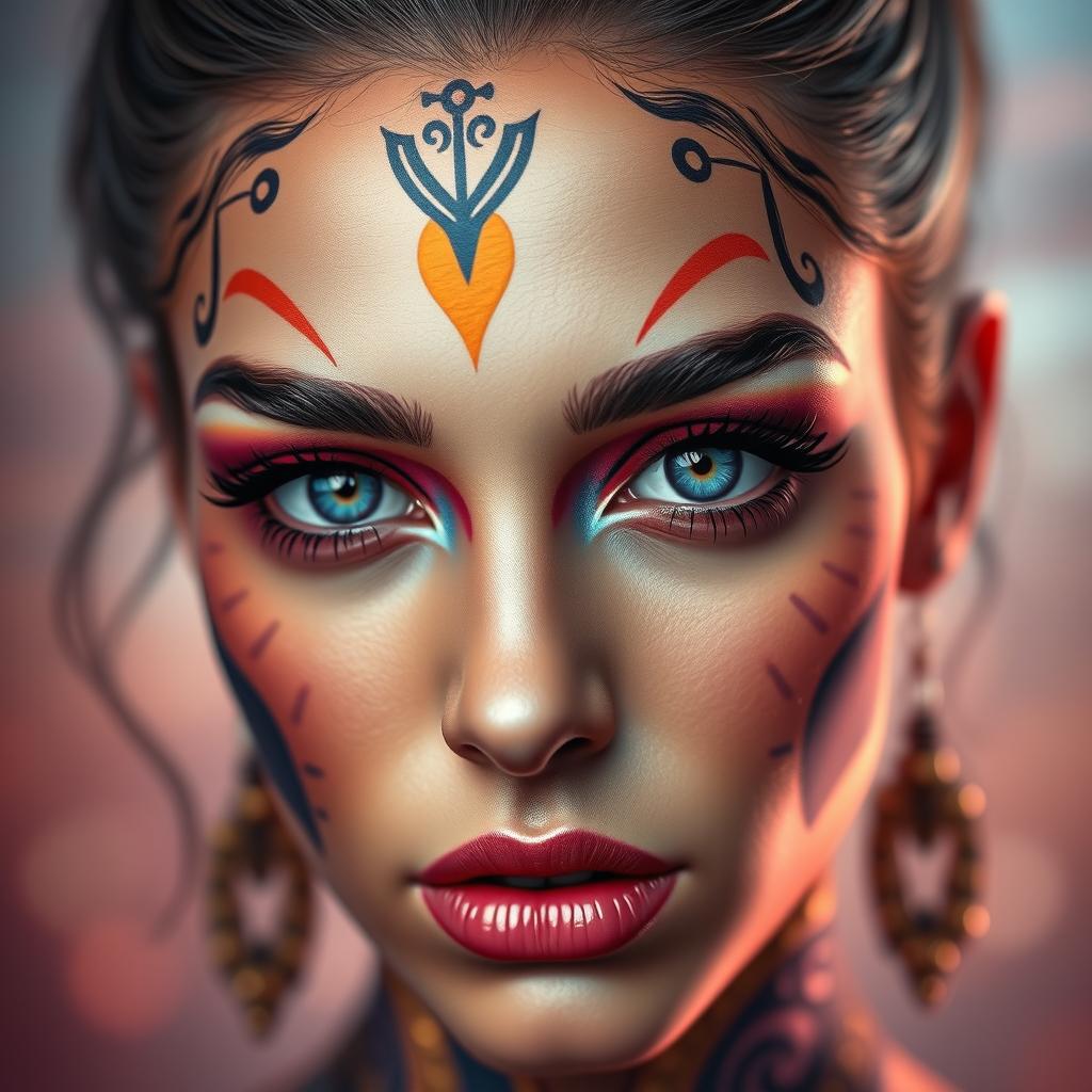 A highly detailed digital artwork of a human face featuring intricate facial features, expressive eyes, and a vibrant color palette