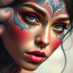 A highly detailed digital artwork of a human face featuring intricate facial features, expressive eyes, and a vibrant color palette