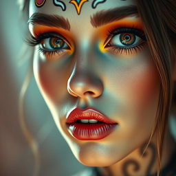 A highly detailed digital artwork of a human face featuring intricate facial features, expressive eyes, and a vibrant color palette