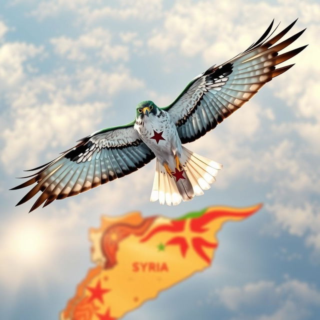 An impressive falcon soaring through the sky, its wings dramatically extended and showcasing a brilliant color gradient: lush green on top, bright white in the middle, and striking black on the bottom