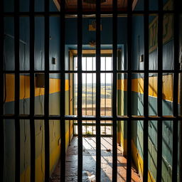 A creatively designed prison cell featuring the colors and symbols of the Ukrainian flag