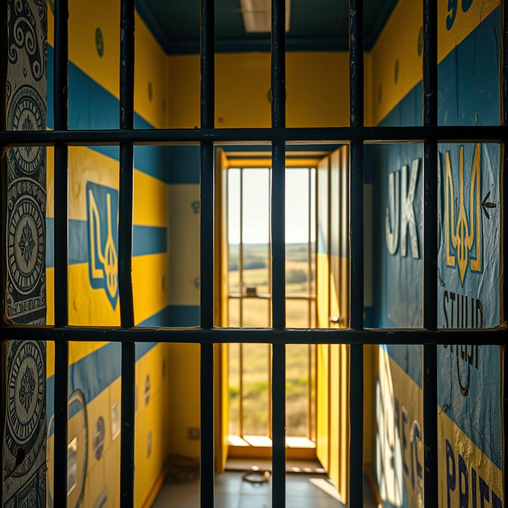 A creatively designed prison cell featuring the colors and symbols of the Ukrainian flag