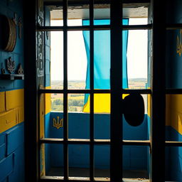 A creatively designed prison cell featuring the colors and symbols of the Ukrainian flag
