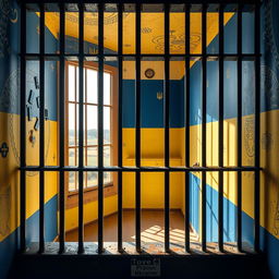 A creatively designed prison cell featuring the colors and symbols of the Ukrainian flag